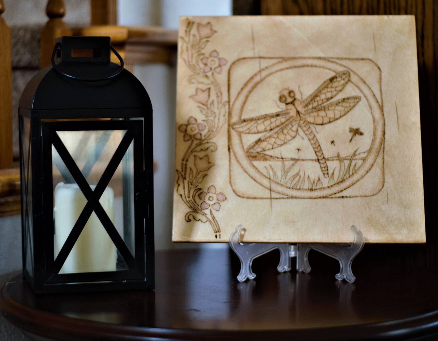 Floral Dragonfly Design - Hand-crafted Woodburning (Pyrography) on Birch or Basswood