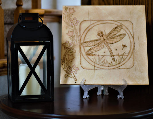 Floral Dragonfly Design - Hand-crafted Woodburning (Pyrography) on Birch or Basswood