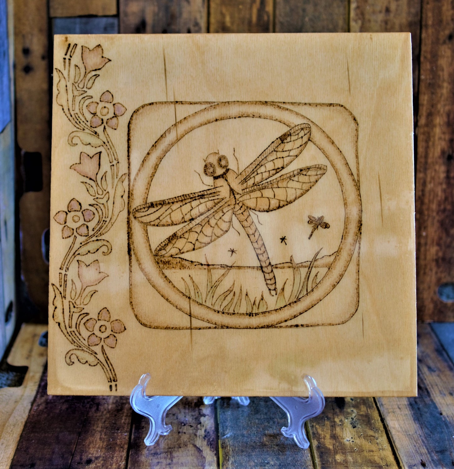 Floral Dragonfly Design - Hand-crafted Woodburning (Pyrography) on Birch or Basswood