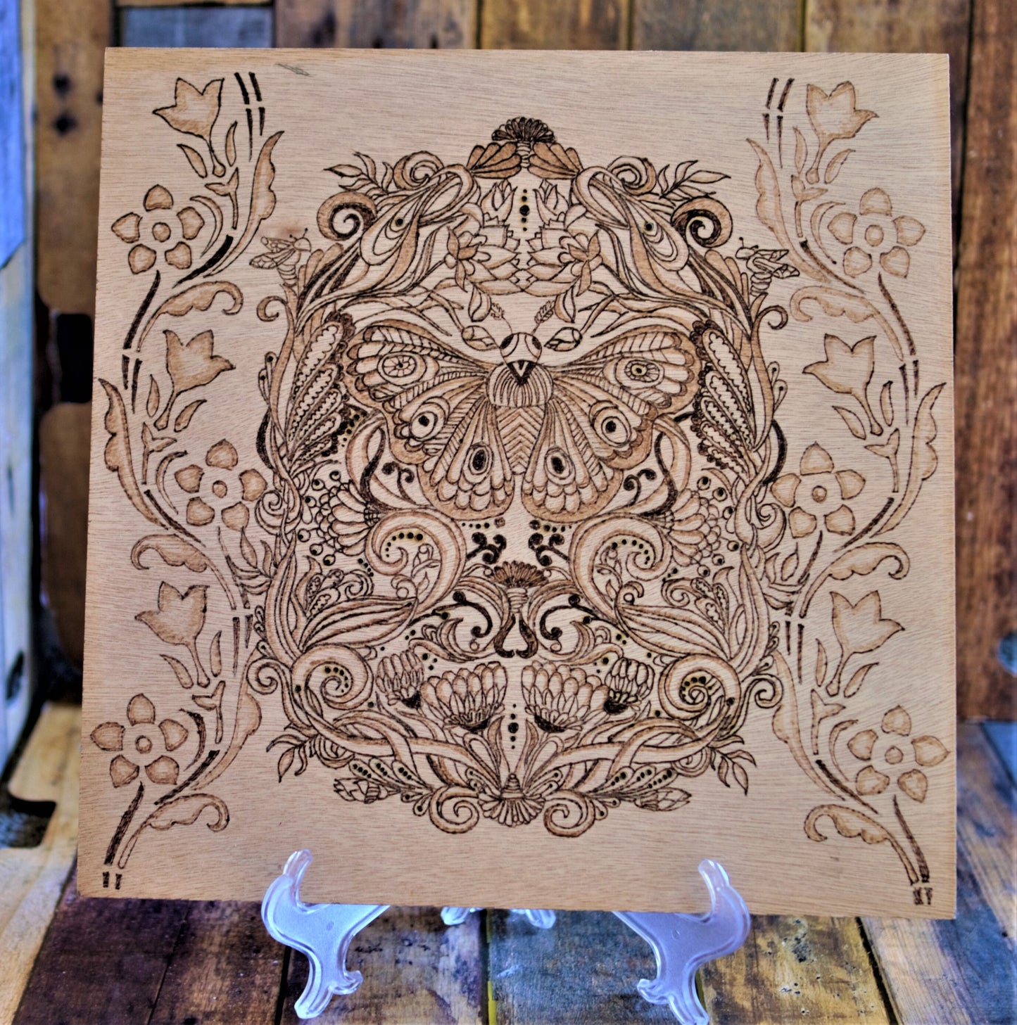 Abstract Floral Butterfly Design - Beautifully Hand-Crafted Woodburning (Pyrography) - Spring Insects