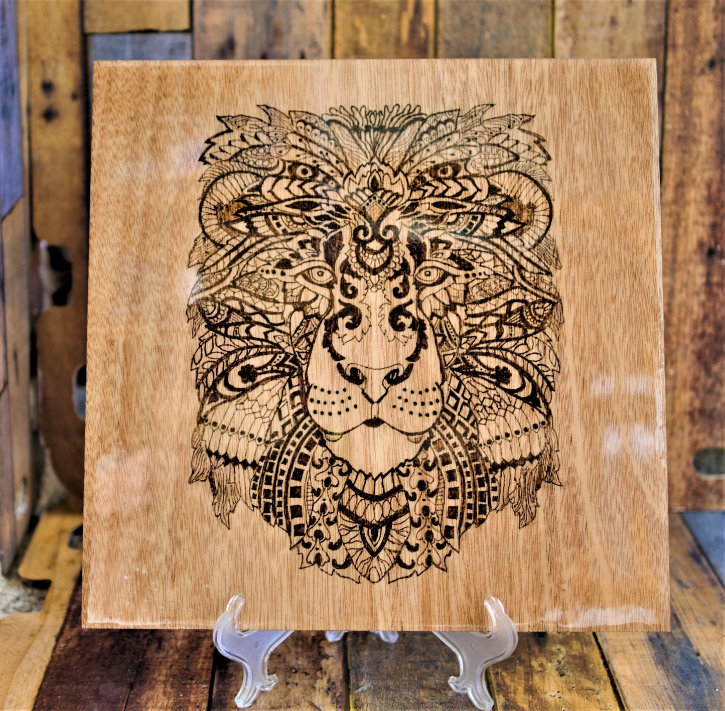 Hand-Crafted Woodburning - Abstract Floral Lion Panther Big Cat Face - Freehand Pyrography