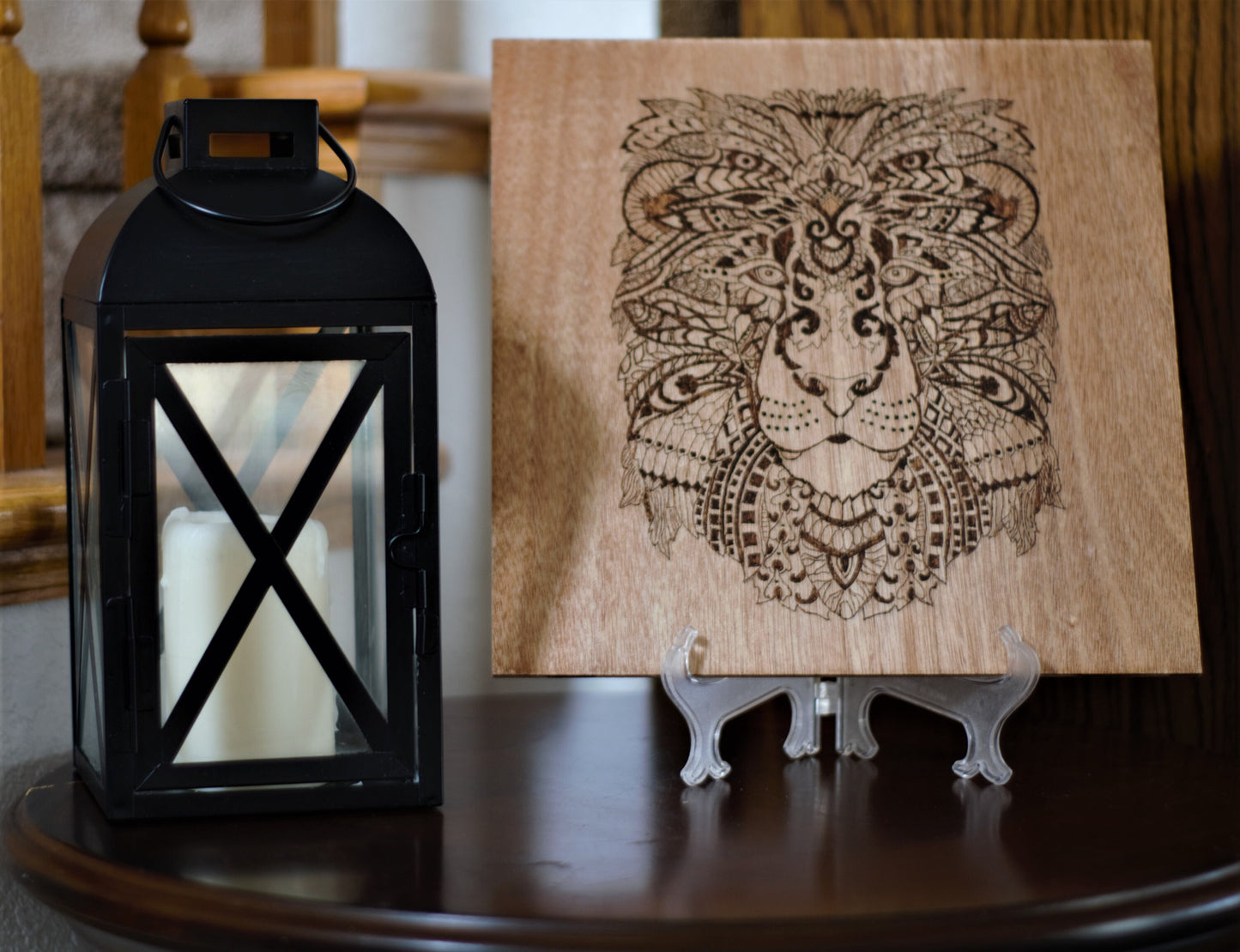 Hand-Crafted Woodburning - Abstract Floral Lion Panther Big Cat Face - Freehand Pyrography